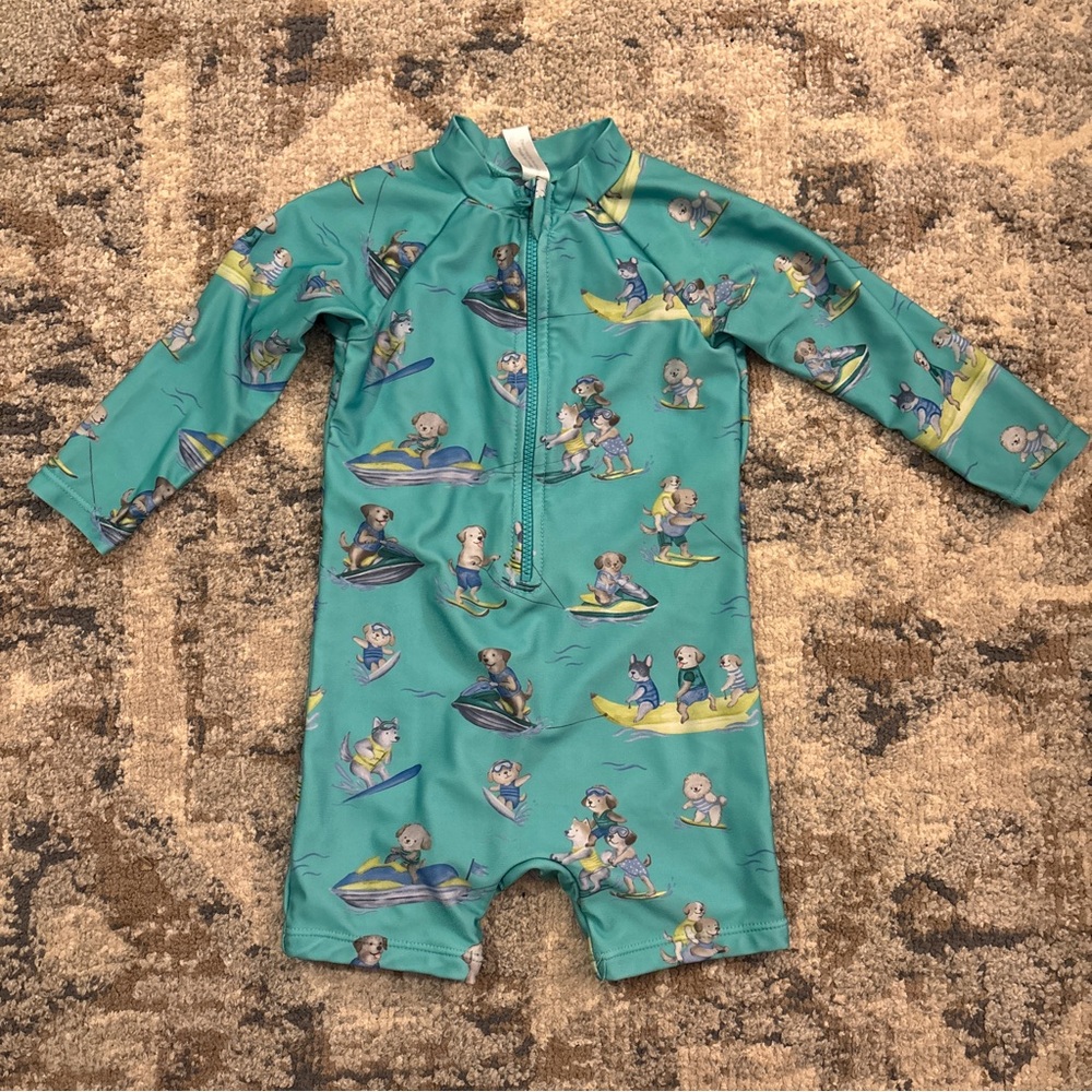 Purebaby Rashie Teal Bear Print One Piece Romper Swimsuit 12-18M Zip